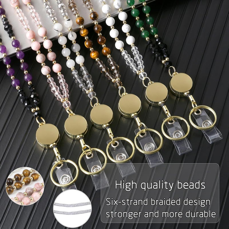 AIDSOTOU Lanyards for ID Badges and Keys,Natural Stone Beaded Teacher Lanyard for Women,Retractable Lanyard with ID Holder Cute Lanyards for Teachers（Pink） - Image 2